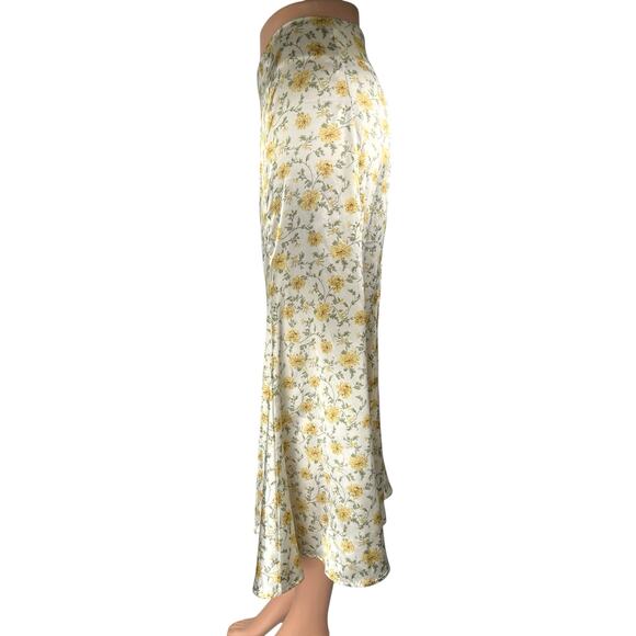 Lulus White Yellow Floral Silk Satin High Waisted Peasant Slip Midi Skirt Size M - Picture 2 of 6